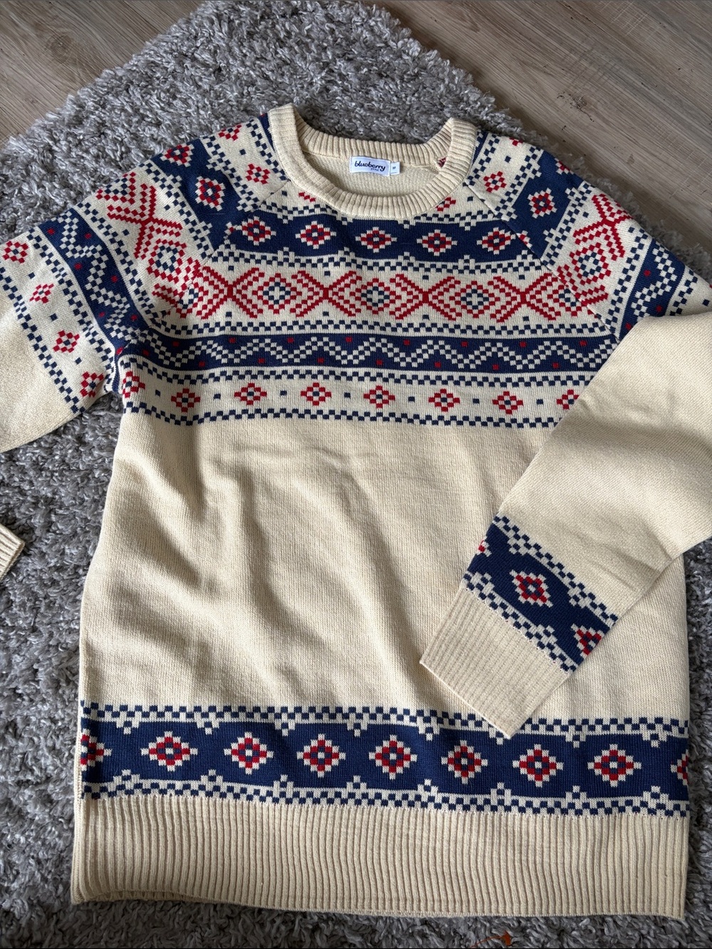 Cream Fair Isle Crewneck Sweater with Navy & Red Pattern
